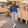 Women's Casual Half Zip Denim Shirt Loose Fit Long Sleeve Top