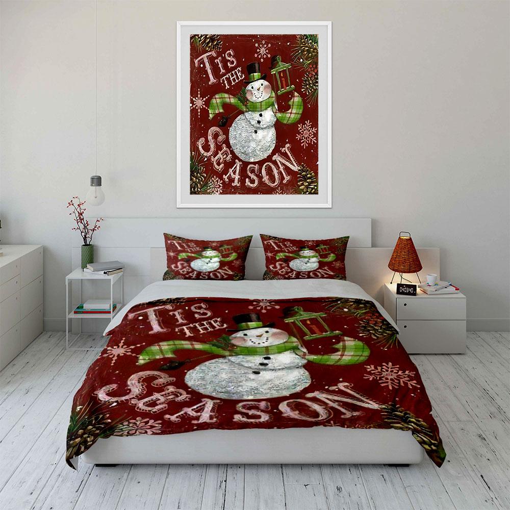 Tis the Season Snowman Design Bedding Duvet Cover Set Duvet Cover Pillowcases (1*Duvet Cover 2*Pillowcases, without duvet insert)