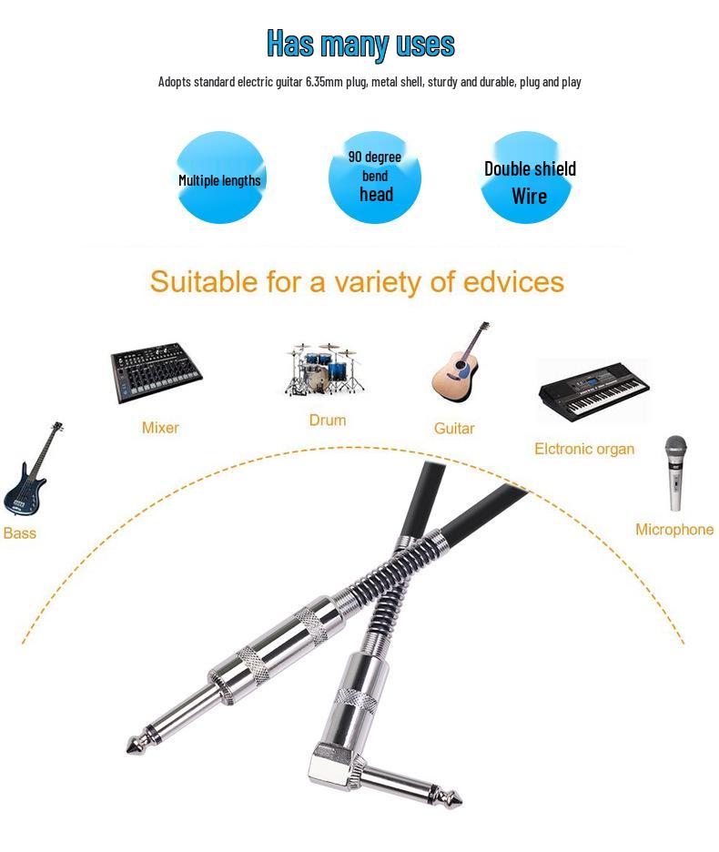 Available: 90-Degree Elbow Double-Shielded Noise-Reducing 6.35mm Guitar Audio Cable, 3m.