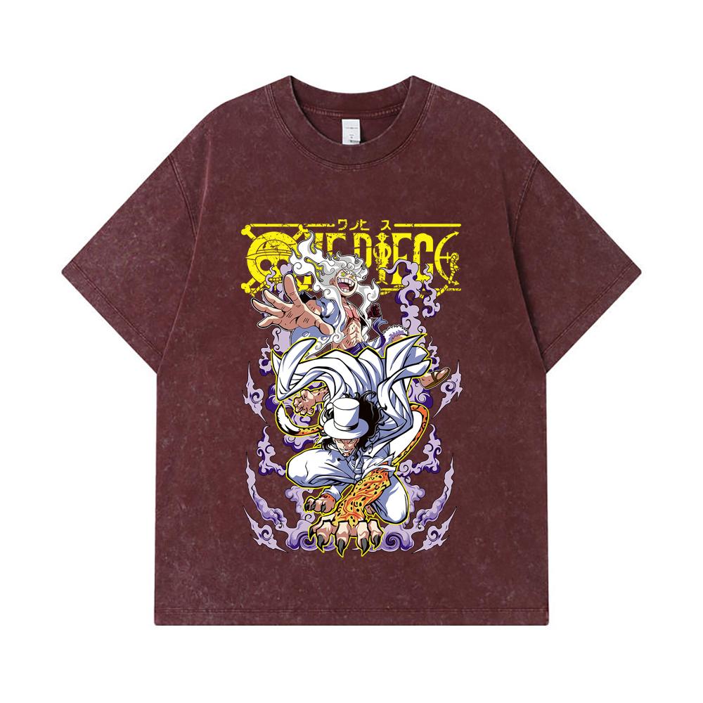 275 GSM Washed T-shirts 100% Cotton One Piece V64 Luffy Lucci Print Unisex Heavy Cotton T Shirt