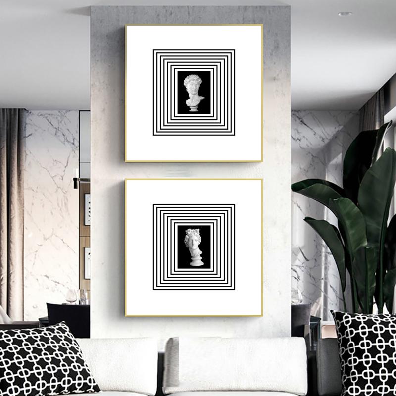 Simple Modern Black and White Lines Statue Sculpture Canvas Painting Bauhaus Style Plaster Decorative Painting Living Room Decor