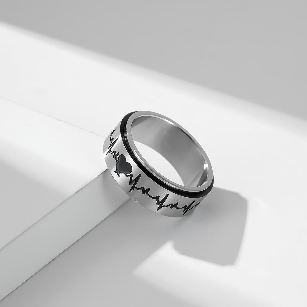 Titanium Steel Rotating Electrocardiogram Couple Ring, Heartbeat, Decompression, Stainless Steel Matching Ring, Hand Jewelry
