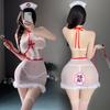 Man Yan Sexy Nurse Bodycon Mini Skirt with Halterneck Cross Back and Fringe Details.