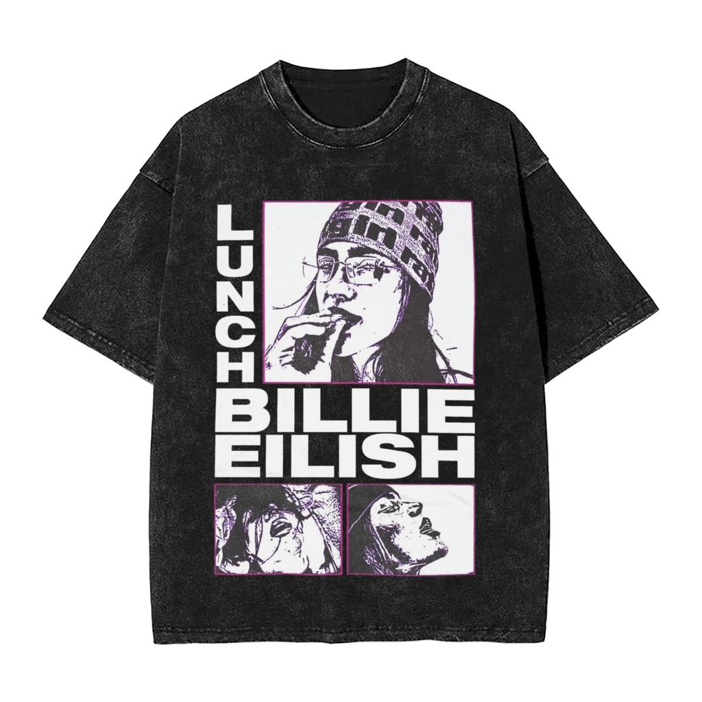 Singer BBillieGirl Eeilish Music Vintage Washed T Shirt Unisex Cotton Clothes Printed Round Neck Short Sleeve