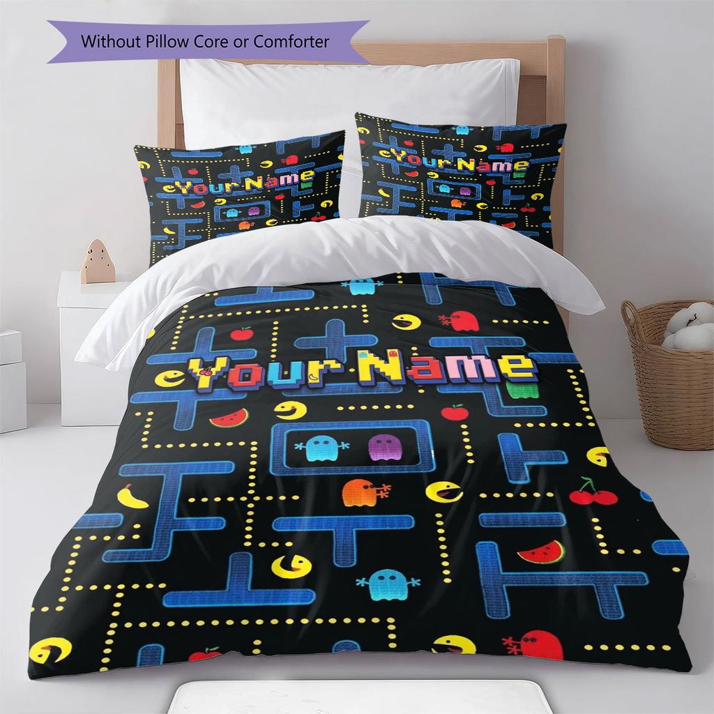 Pac-Man Custom Name Pattern Bedding,Quilt Set Quilt Cover Pillowcase Home Birthday Gift(1 * Duvet Cover + 2 * Pillowcase, Without Core)