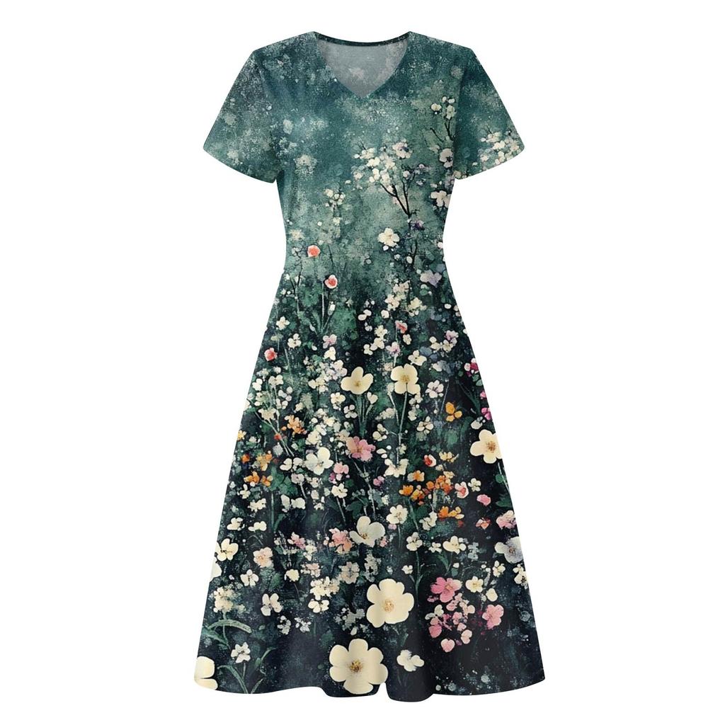 Women's Summer Casual Fashion Print Pocket Short Sleeve V-Neck Swing Dress