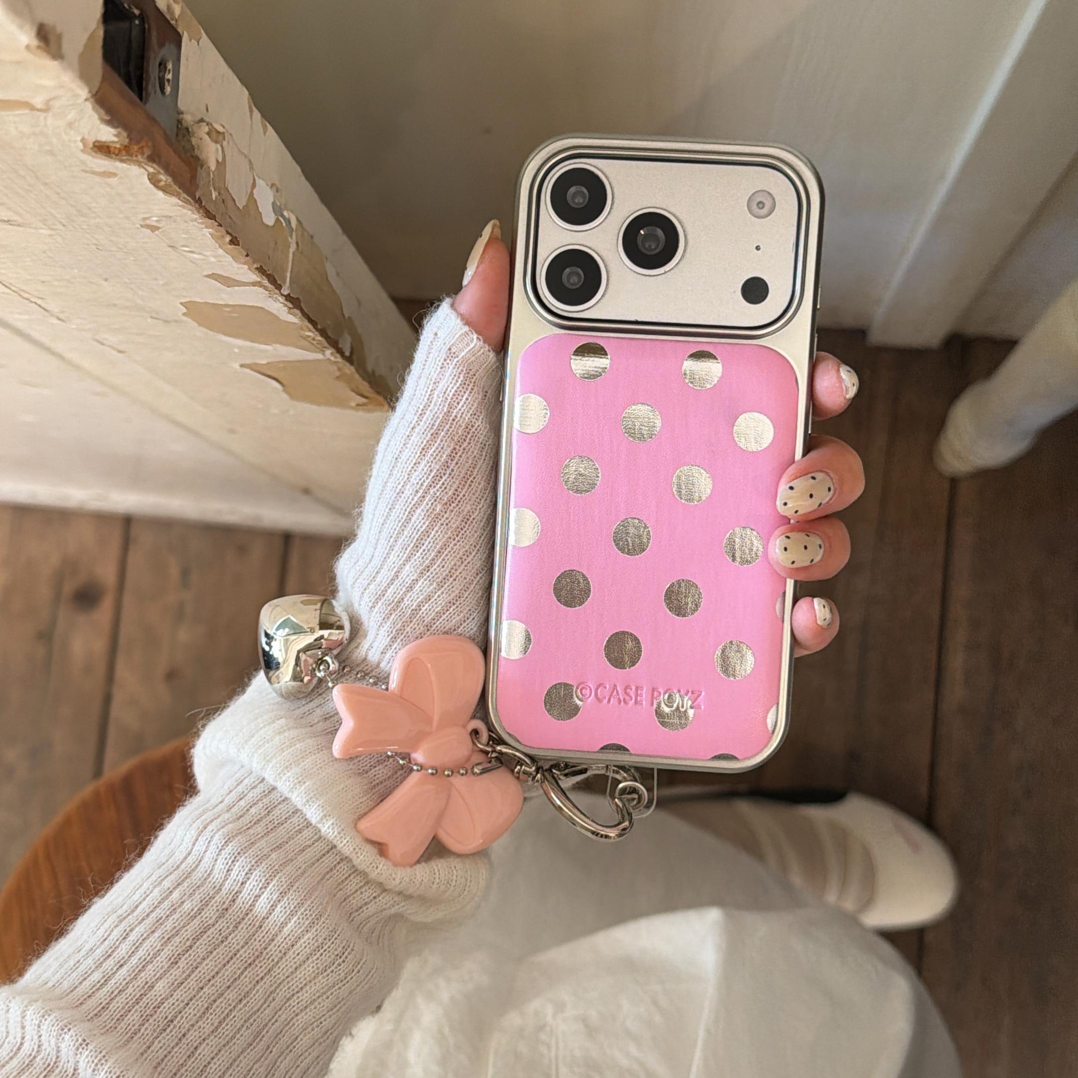 

Cute Kawaii Polka Dot Phone Case For iPhone 17 16 15 14 Pro Max Silver Frame Bow Charm Protective Cover for Girls For iPhone 17ProMax