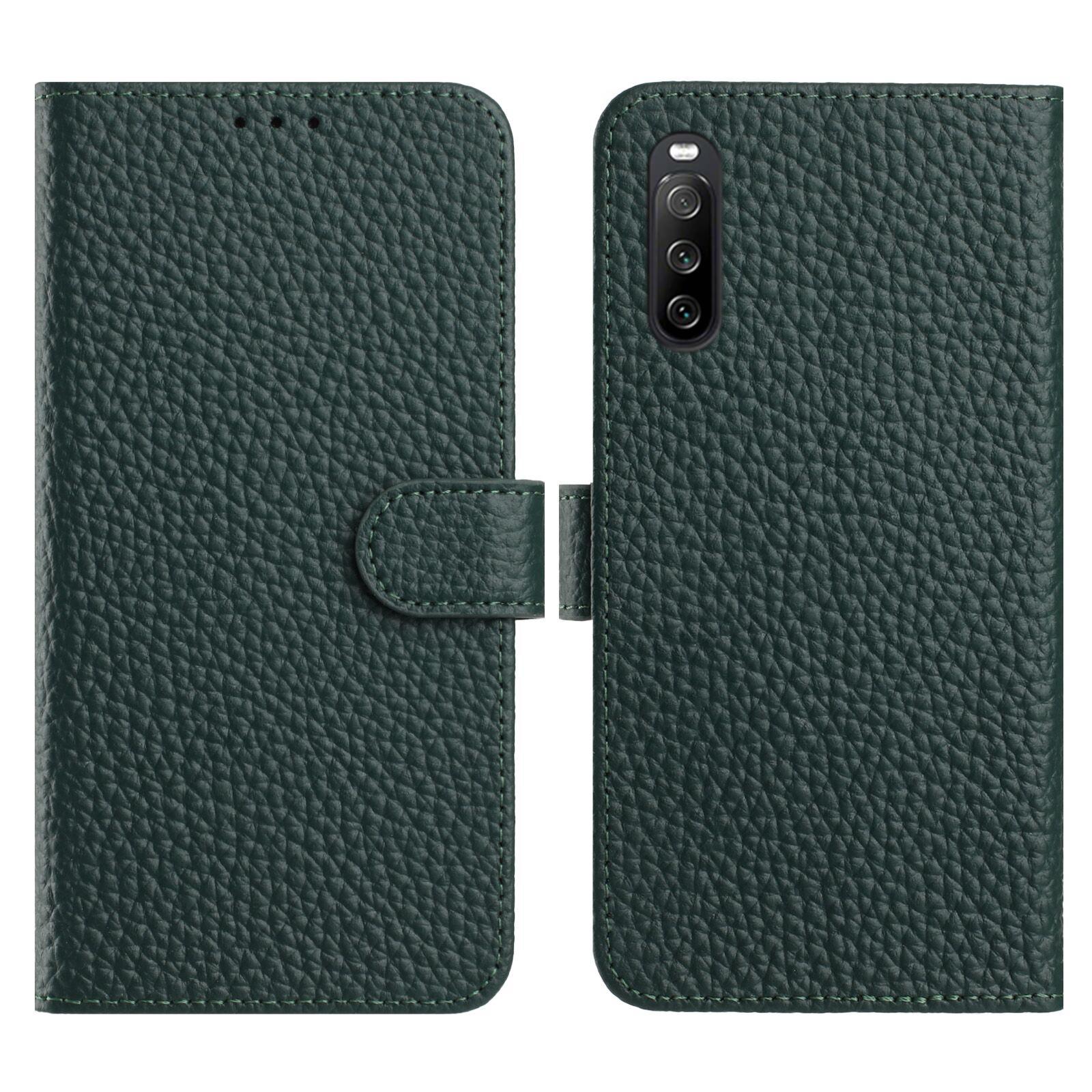 

For Sony Xperia 10 IV 5G Case Wallet Stand Litchi Texture Genuine Cow Leather Flip Phone Cover Green