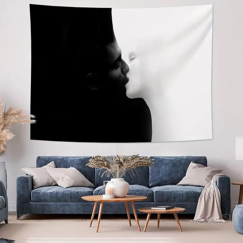 Black and White Romantic Kiss Couple Art Wall Tapestry Machine Washable All Season Decor Print Home Enhance spatial aesthetics