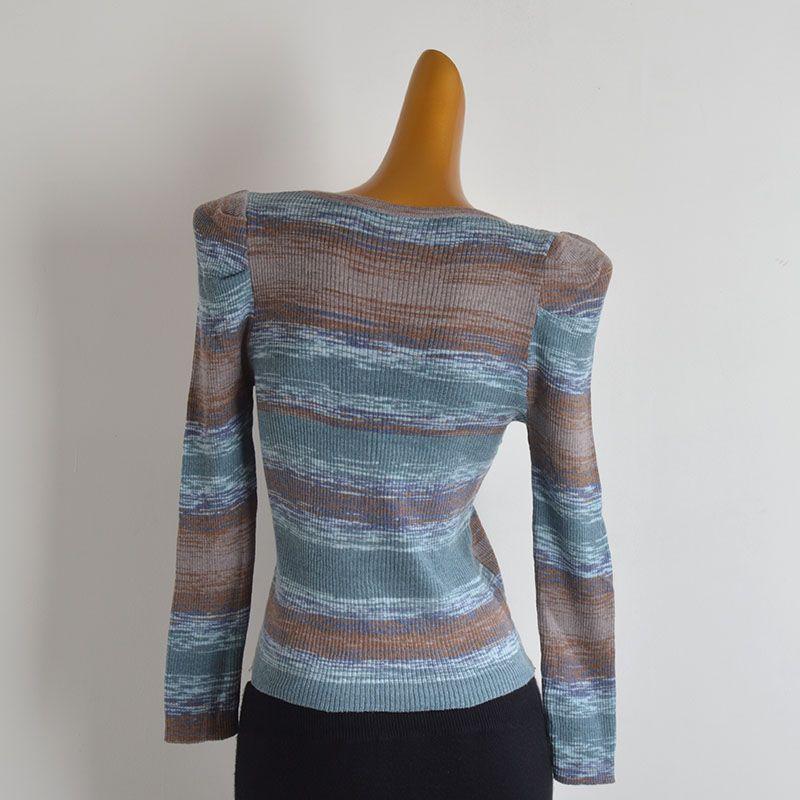 Autumn and Winter New Contrast Color Stripe Square Collar Pullover Knit Women clothes Women clothes Slim fit Slimming Bottoming Shirt Long sleeve Top