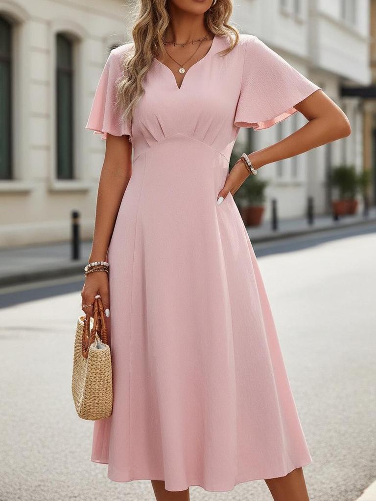 Summer French Elegance: Short Sleeve V-Neck A-Line Midi Dress for Vacation & Commute