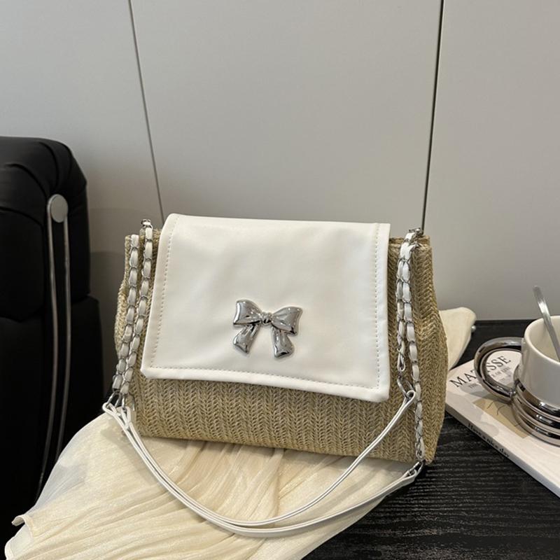 

Trendy Large Capacity Straw Woven Bag Women s 2025 New Color Block Underarm Tote Bag Urban Minimalist Style Chain Splicing KTB 29x8.5x21.5cm білий