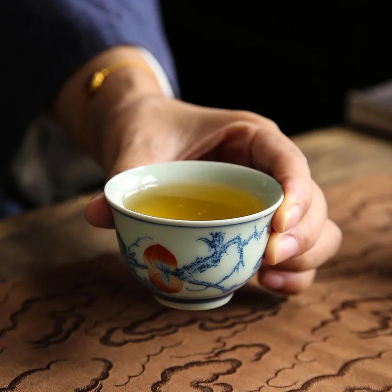 1 Pc Chinese Tradition Handmade Ceramic Tea Cup Exquisite Hand Painted Peach Pattern Tea Bowl Tea Set Porcelain Teacup 70ml
