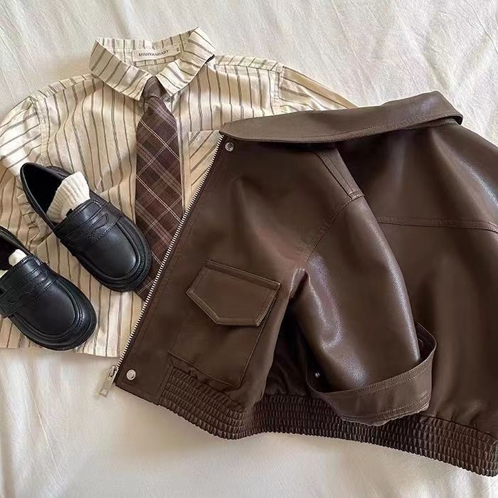 Baby Boys Girls Zipper Jackets Brown Lapel Collar Coats Korean Style Autumn Single Breasted Toddler Cardigans