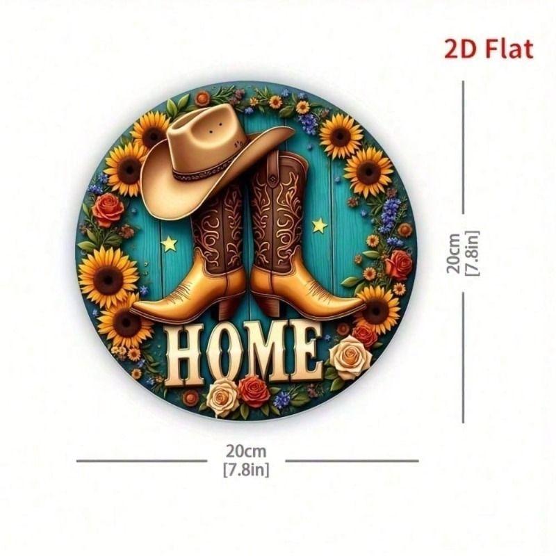 Metal Wall Art Cowboy Boots Hat Sunflowers Tin Sign 8x8 Inch Home Decor