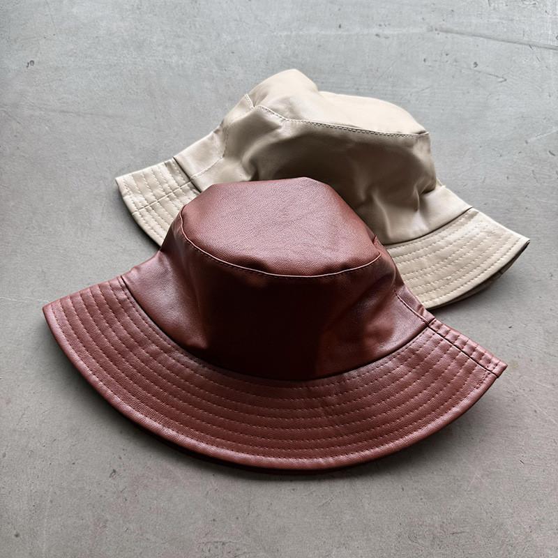 Vintage Pu Leather Bucket Hat With Wide Brim For Streetwear And Sun Protection