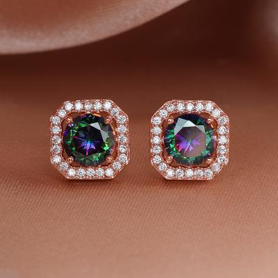 Geometric Yellow Pink Purple Red Blue Black Green Stone Square Stud Earrings For Women Silver Color Round Cubic Zirconia Studs Jewelry