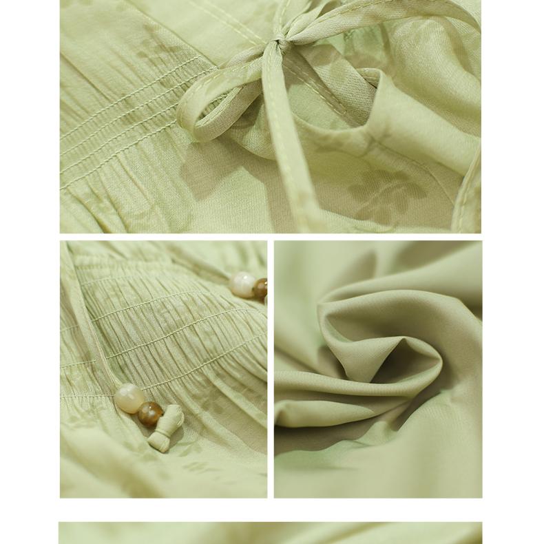 Tea break French V-neck tied waist, bubble sleeves, printed seaside vacation style dress