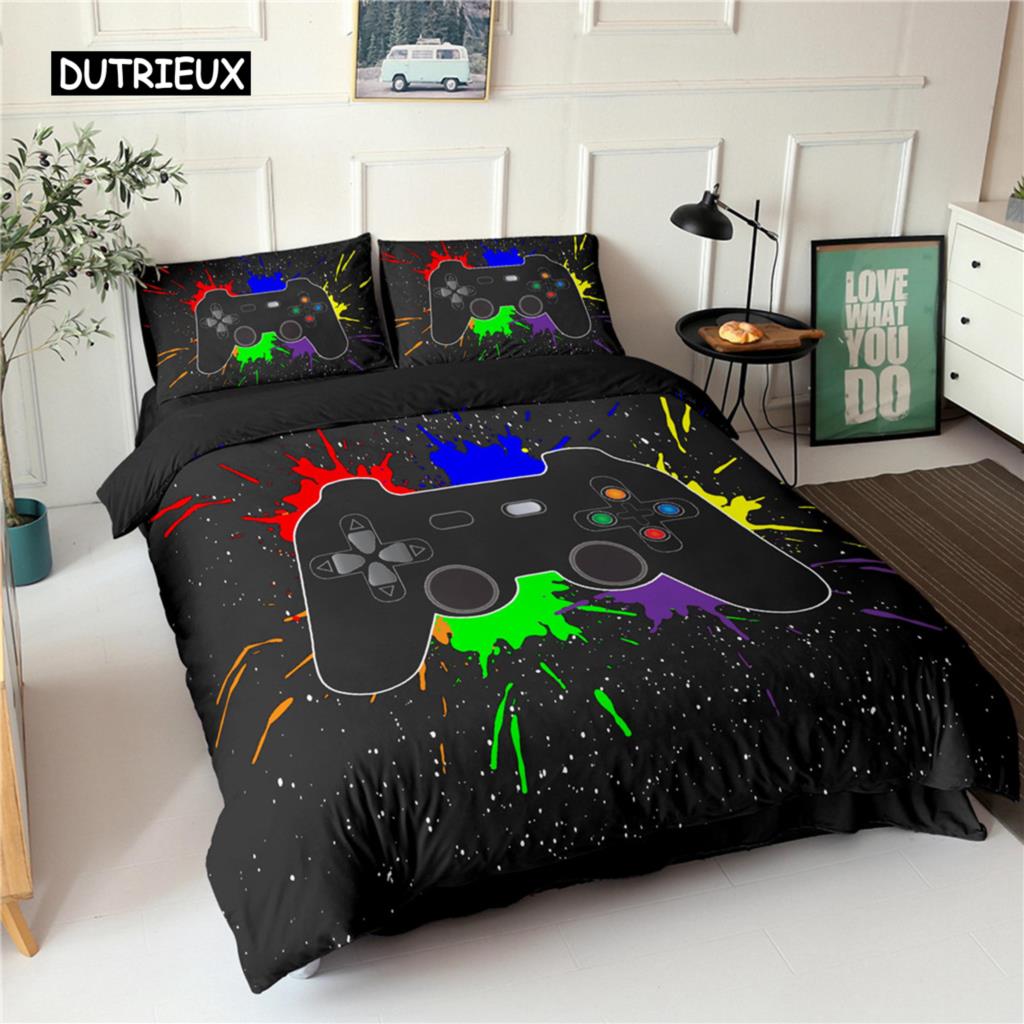Set de lenjerie de pat cu gamepad, mărime queen, husă de plapumă neagră creativă, set husă de plapumă din poliester, lenjerie de pat 2/3 piese