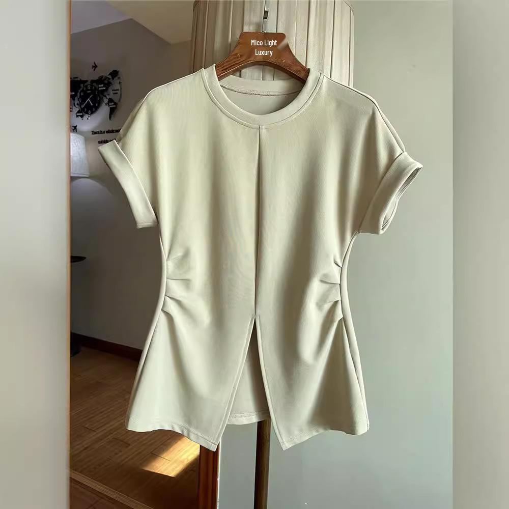 Waist-Hugging Batwing Sleeve Side Slit T-Shirt - Trendy Short Sleeve Top