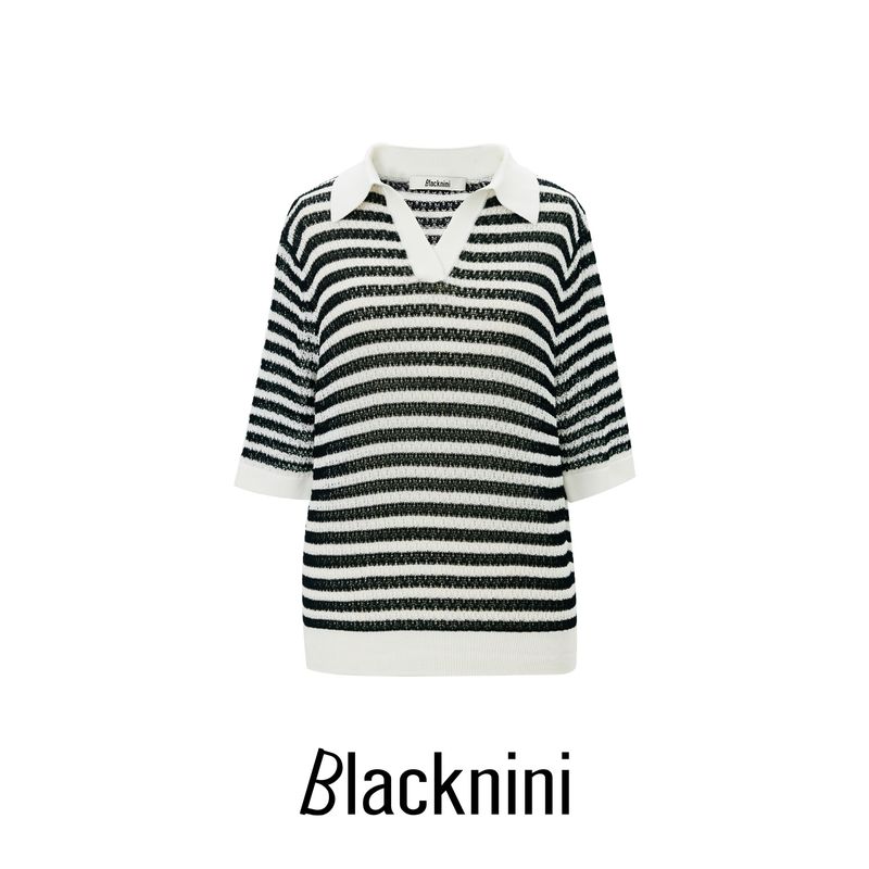 

Blacknini Yinhuafu Радужная полоска Германия Импортная Машинная вязка Stoll Тенсел Ацетат Полосатый топ Black M