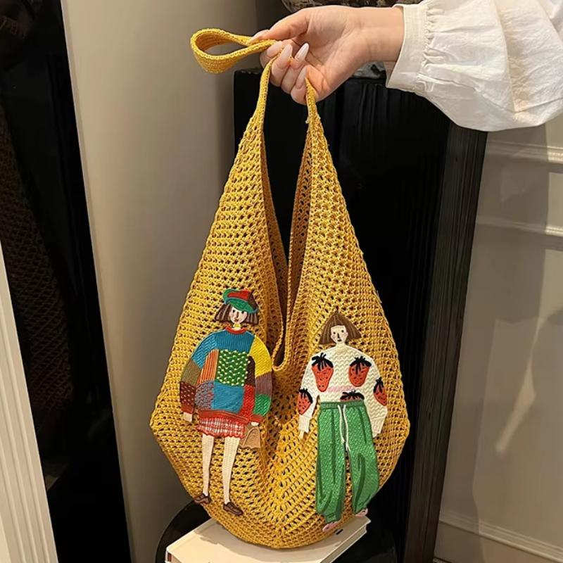 Fashion Hollowed-out Shoulder Bag Cute Cartoon Character Prints Handbag Casual And Lightweight Beach Vacation Bag Large Tote Bag