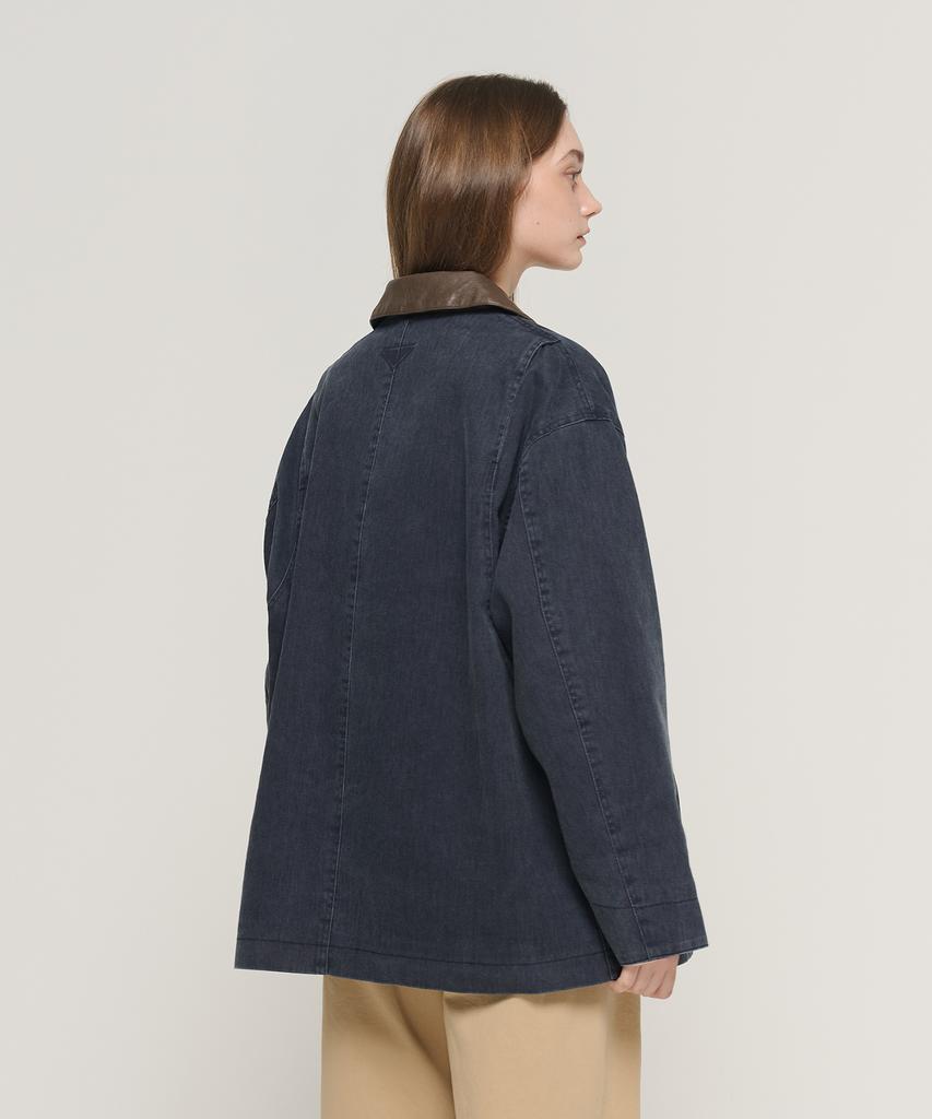 Cargobros For Woman Contrast Collar Pocket Work Denim Jacket (Dark Blue)