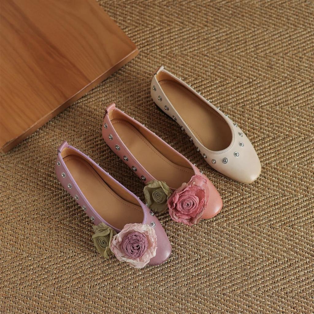 Fashion Fashion Flat Shoes for Women Spring Autumn Rivets Flower Shallow Rivets 2025 New Round Toe Inward Height Increasing Ladies Shoes