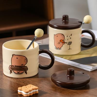 Cute Capybara Ceramic Coffee Mug Vintage Series Cartoon Print Water Cup + Lid Set Home Cafe Afternoon Teacups Friend Gift