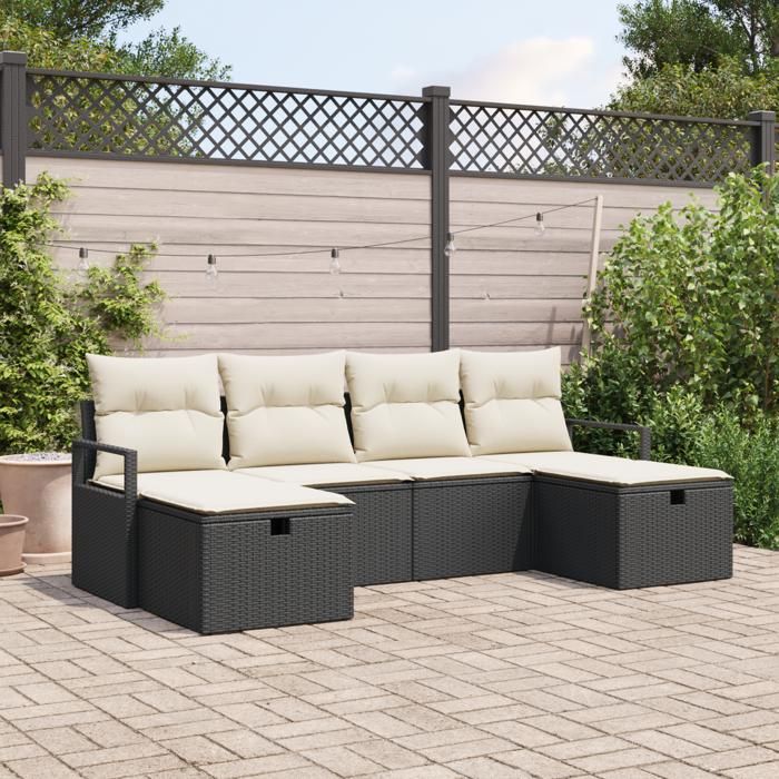 VidaXL Ensemble de Canapé de Jardin 6 Pièces avec Coussins Noir et Crème en Rattan Synthétique, résistant aux intempéries. 3359216