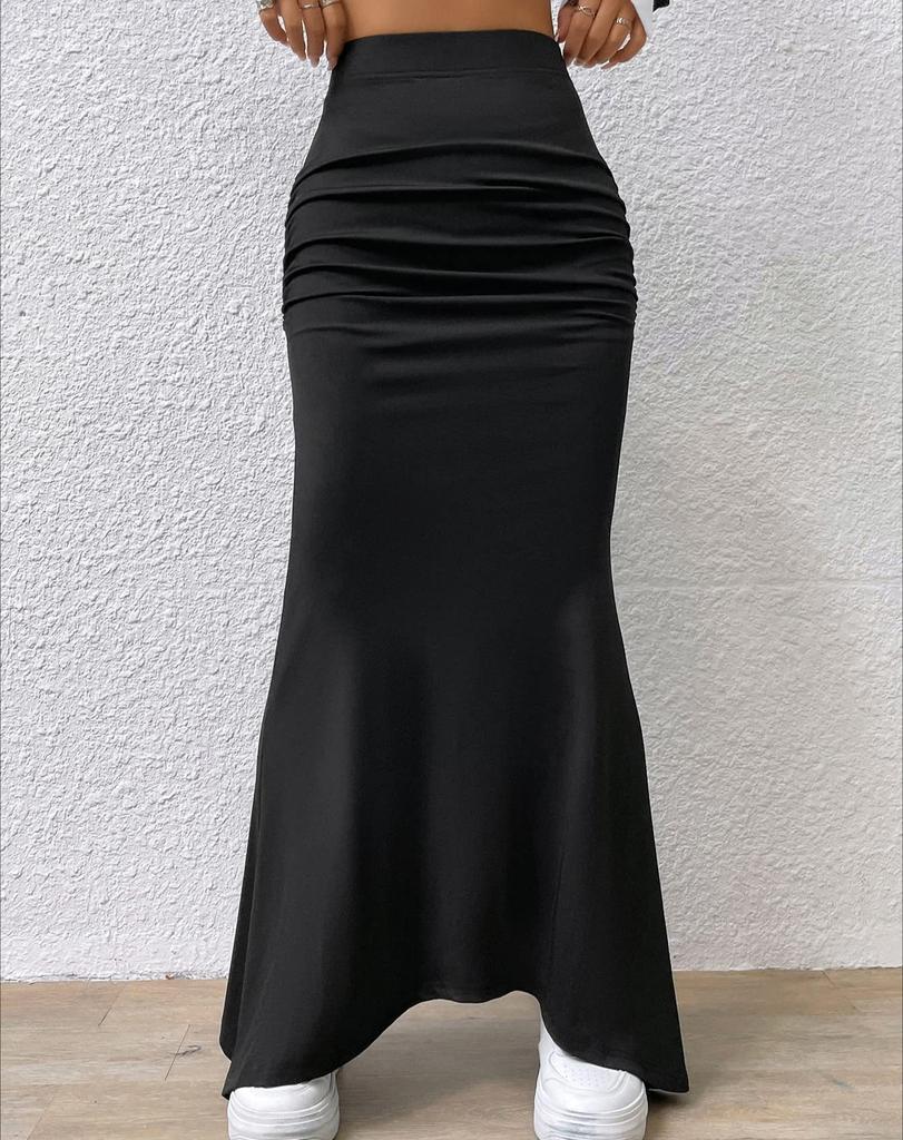 Maxiröcke für Damen, hohe Taille, einfarbig, Fischschwanzrock, hüfthebend, knöchellang, geraffter Meerjungfrauenrock, langer Rock