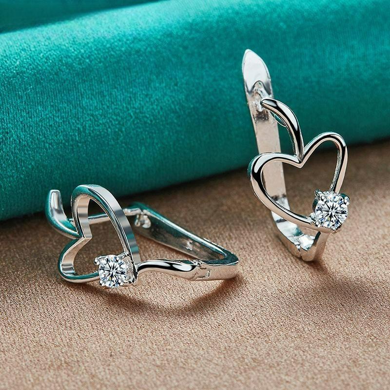 Silver Love Heart Zircon Earrings For Women Fashion Charm Jewelry