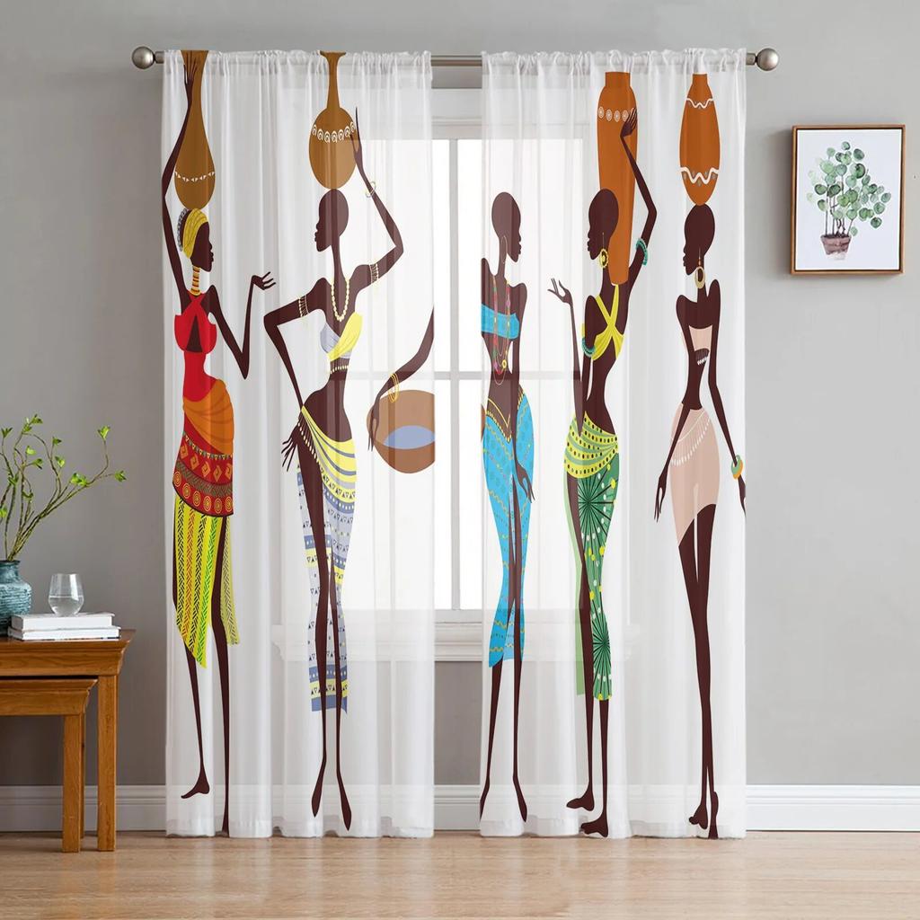 Afrikanische Frauen Ethnische Giraffe Elefant Tüll Vorhänge Für Wohnzimmer Chiffon Voile Sheer Fenster Vorhang Für Schlafzimmer