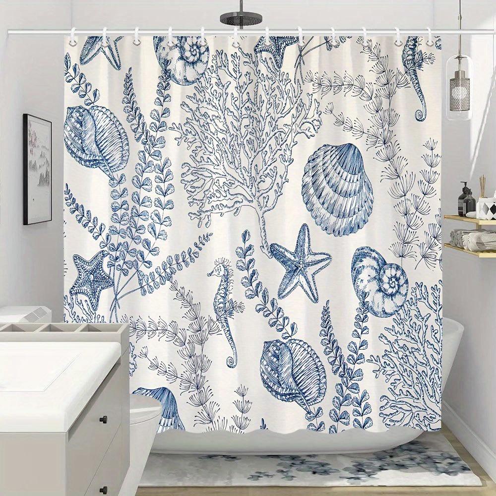1 blue and white sea creature shower curtain with starfish, shells, seaweed and corals, vintage nautical style, with hooks