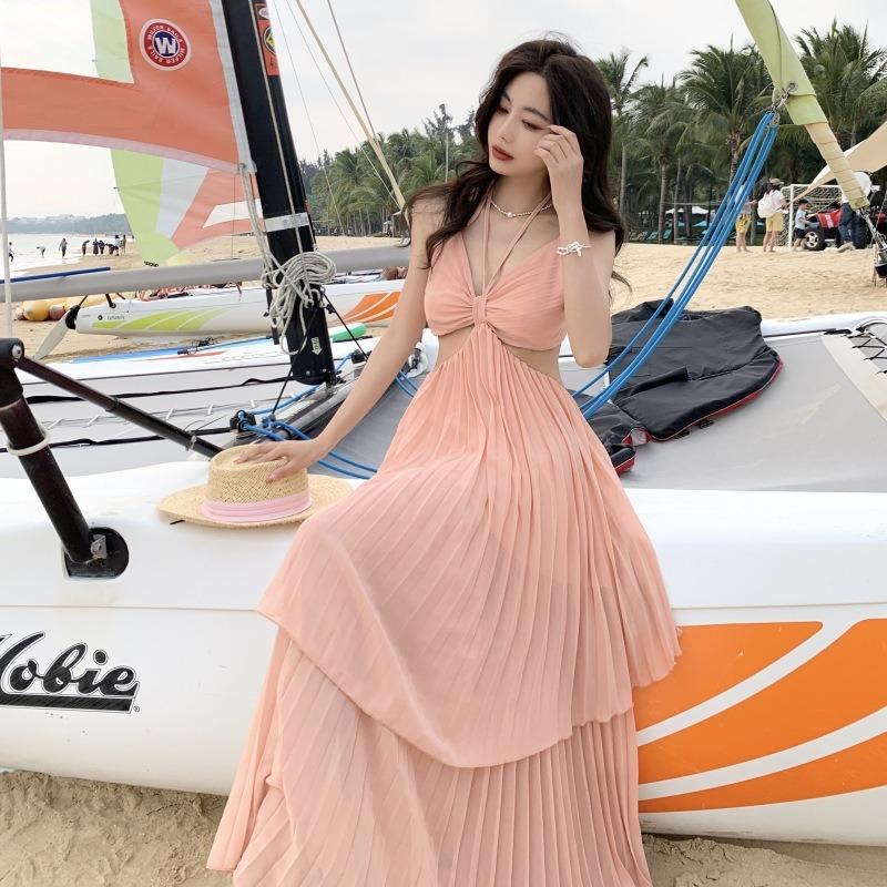 French Pure Desire Irregular Waist Thin Suspender Dress Women's Seaside Vacation Photo Beach Dress