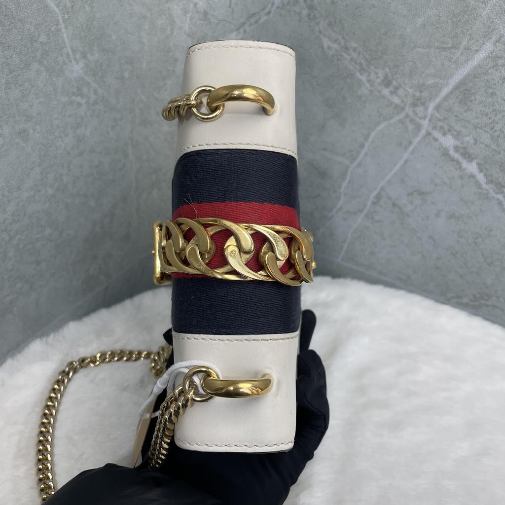 [Pre-Owned] Sylvie Gold Buckle Striped Web Satin Bow Chain Mini Shoulder Bag - Good #H3OS6N