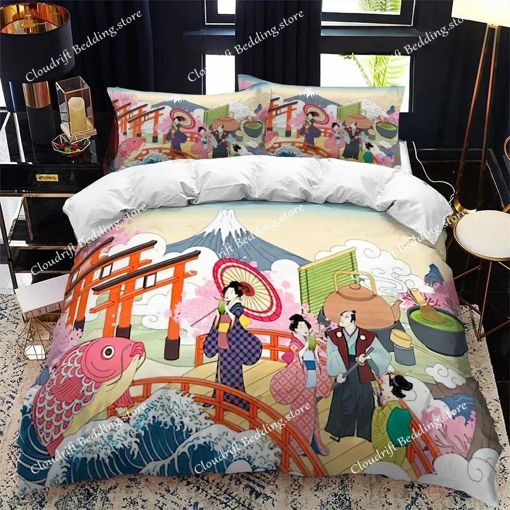 Bettbezug-Set im japanischen Stil, King-Size-Bett, Queen-Size-Bett, Ukiyo-e-Motiv, Wellenmuster, Polyester-Bettwäsche-Set, Fuji-Berg, exotischer Stil