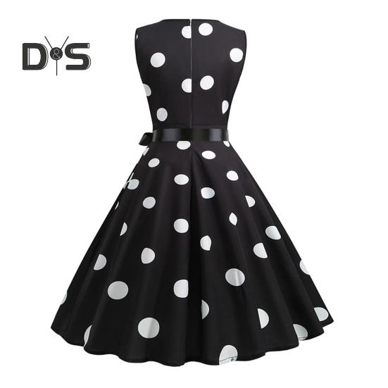 Sukienka wieczorowa dla kobiet w stylu vintage, kontrastowe kropki, nadruk w kropki, kokarda w talii, linia A, duży rozkloszowany, wąska talia, bez rękawów, odkryte plecy, dekolt w serek, sukienka midi w stylu księżniczki