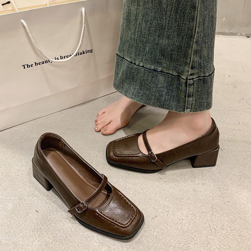 New Square Head Fashion Light Mouth Strap Retro French Small Leather Shoes Spring and Autumn Four Seasons Mary Jane Shoes Internet Celebrity Trend