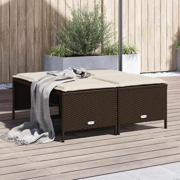 VidaXL Tabourets de jardin avec coussins lot de 4 marron poly rotin, siège de jardin, sièges d'extérieur, tabouret cube, 368363