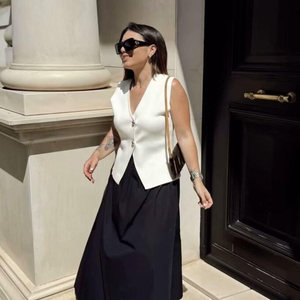 V-neck Knitted Waistcoat Top Single Breasted Vest Crop Coat Retro Knitwear Women Streetwear