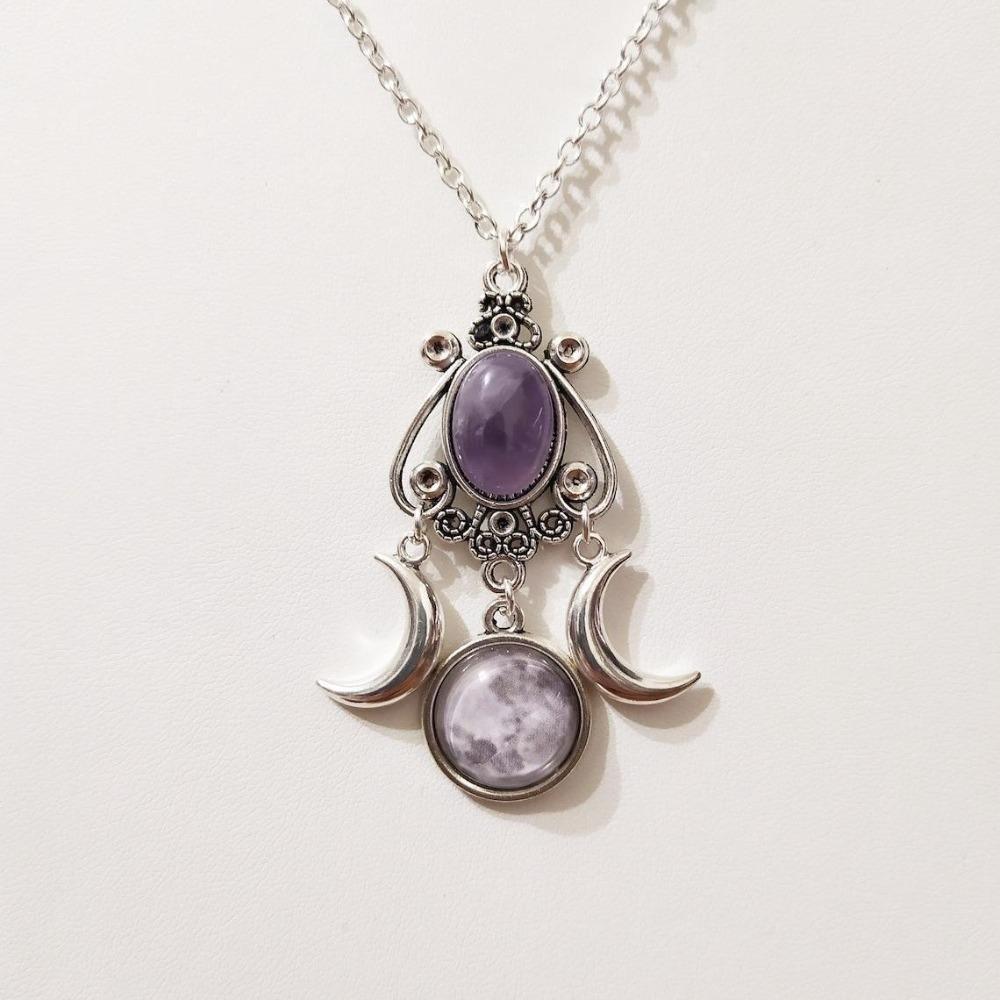 Personality Punk Sliver Color Triple Moon Goddess Round Oval Amethyst Pendant Necklace for Women Creative Charm Jewelry Gifts