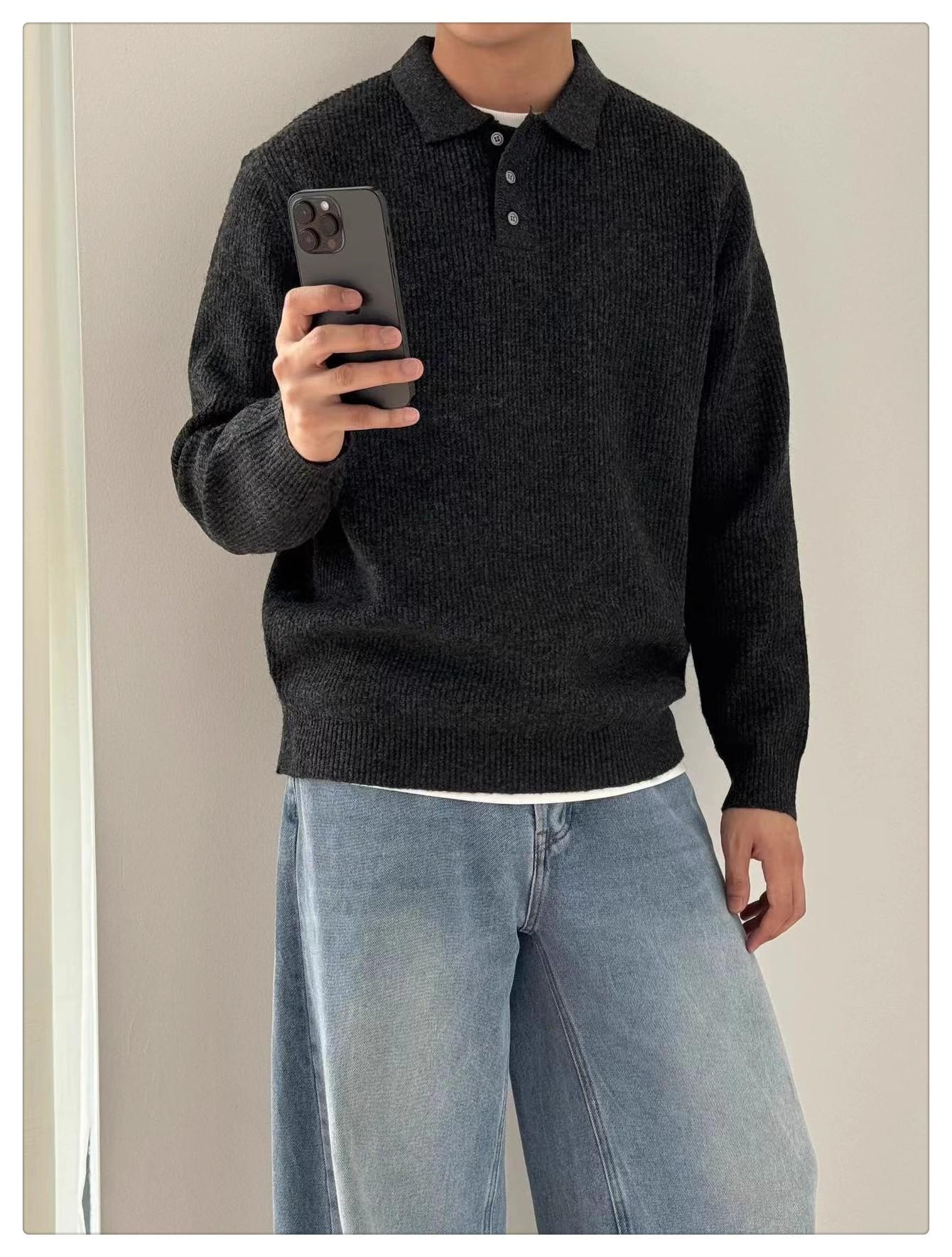 

Men s 2025 Autumn Korean Style Loose Long Sleeve Knit Polo Shirt - Solid Color, Fashionable & Versatile. XL