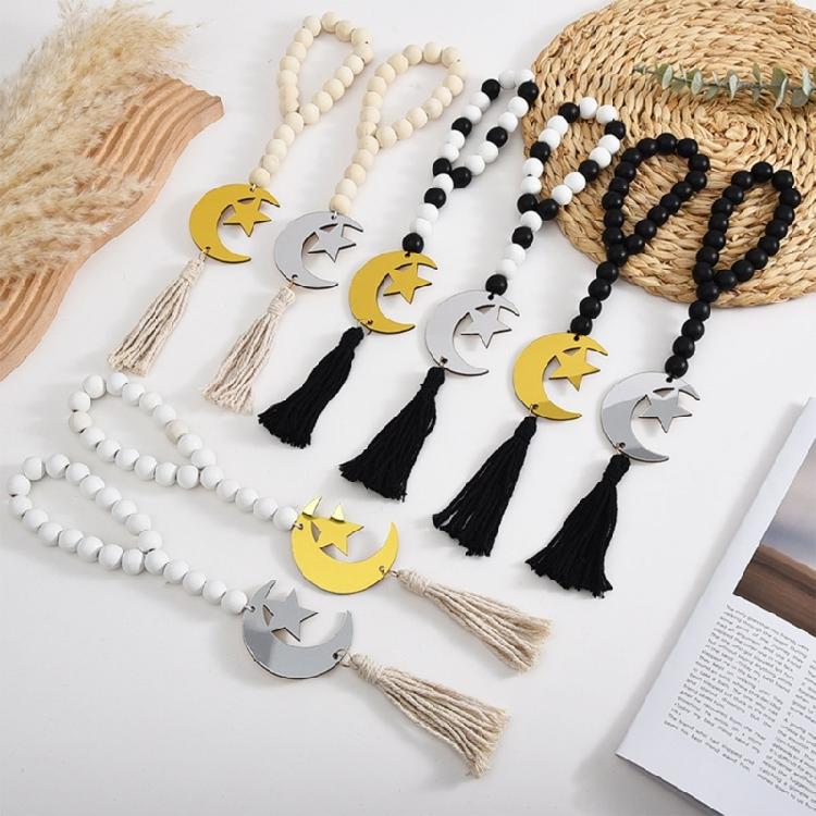 Eid Mubarak Wooden Beads Garlands with Acrylic Moon Pendant Tassels Ramadans Islamic Hanging Ornament Muslims Party Decors