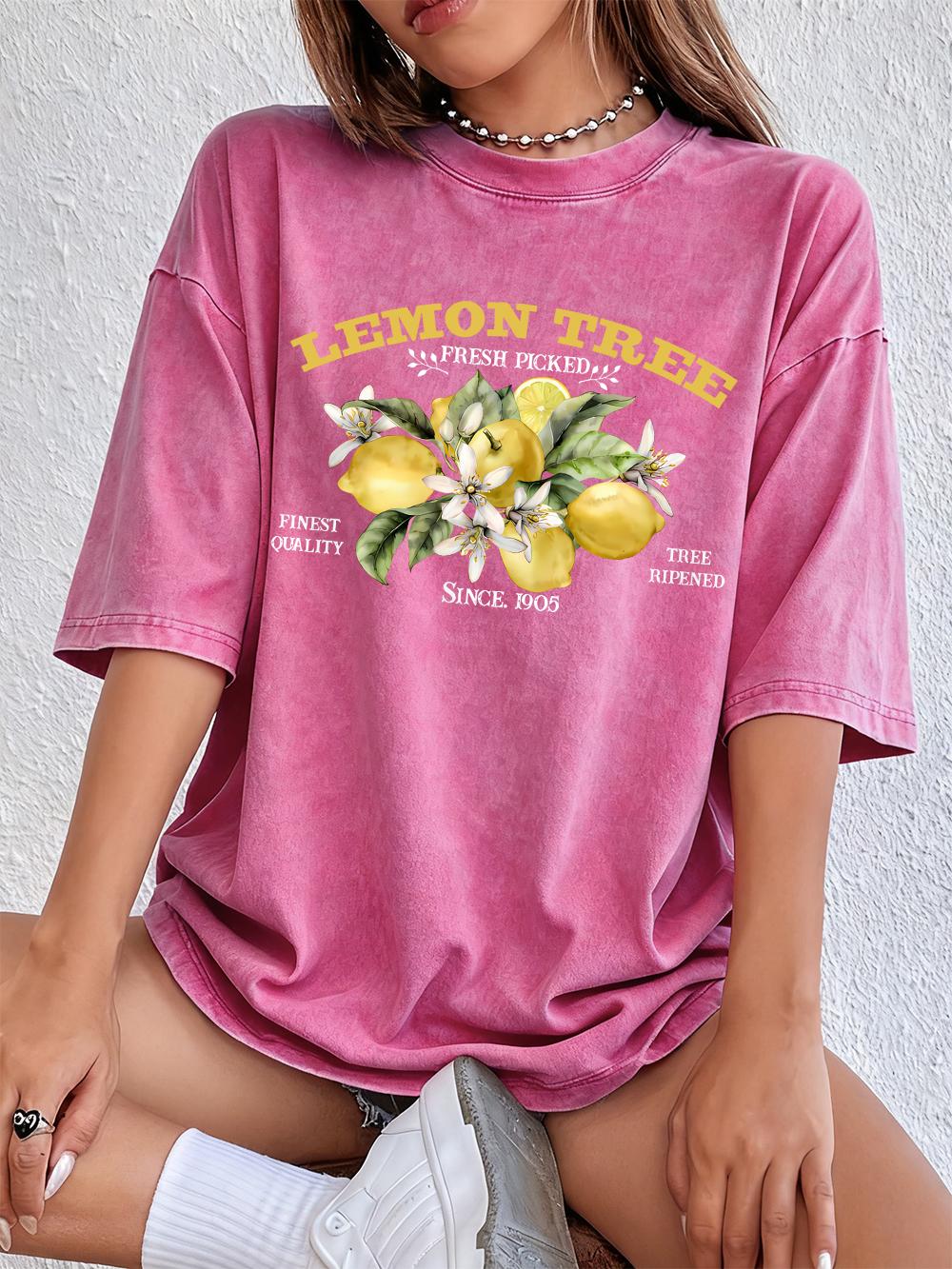 Fresh Picked Lemon Tree Cotton Washed TShirts Womens Summer Oversize Tops Comfortable Distressed ONeck T Shirt Basic Clothes S