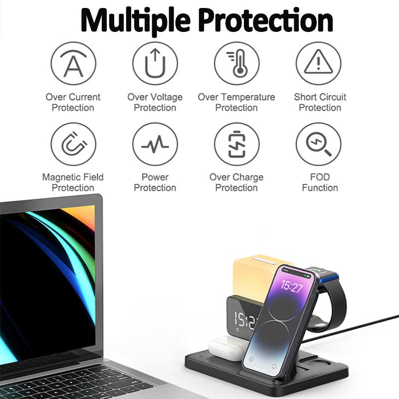 Faltbare 6-in-1-Wireless-Ladestation, Weckerlampe, Schnelllade-Dockingstation für iPhone 14 13 12 X Pro Max Airpods Pro iWatch