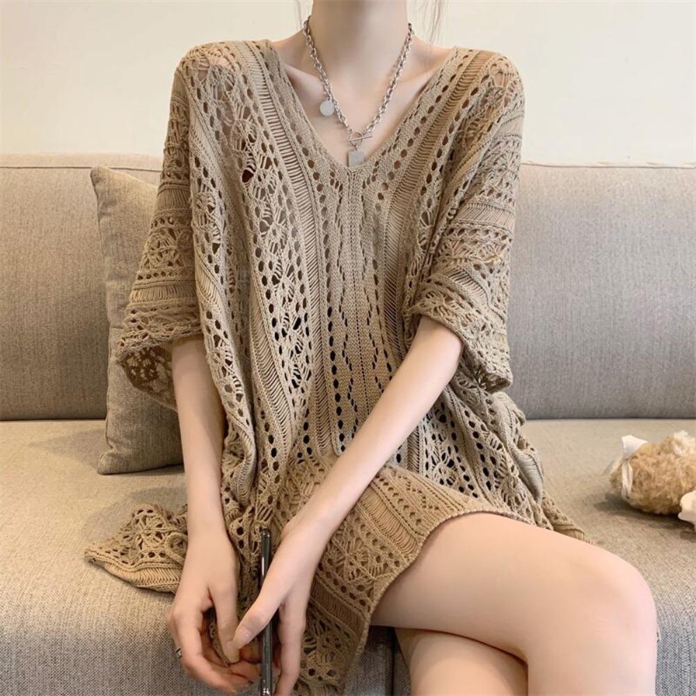 Loose Hollow Out Knit T-shirt V-neck Beach Crochet Sweater Simple   Streetwear