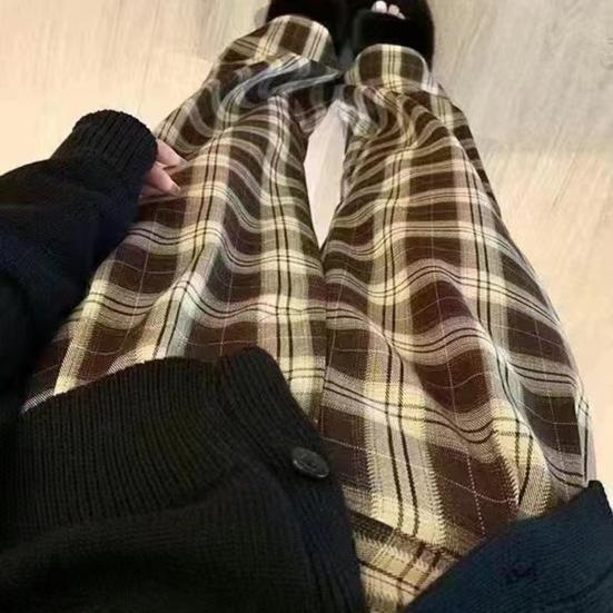 Dámské kalhoty elastický vysoký pas rovný široký kostkovaný potisk Zimní dlouhé kalhoty zesílená sametová podšívka teplé kalhoty