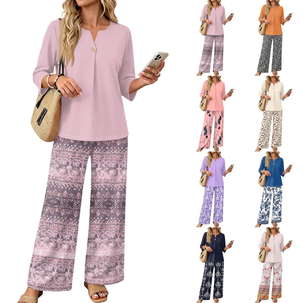 Women Casual Button Front Top with Three Quarter Sleeves and Printed Wide Leg Pants Two Piece Set Lightweight Comfortable Outfit