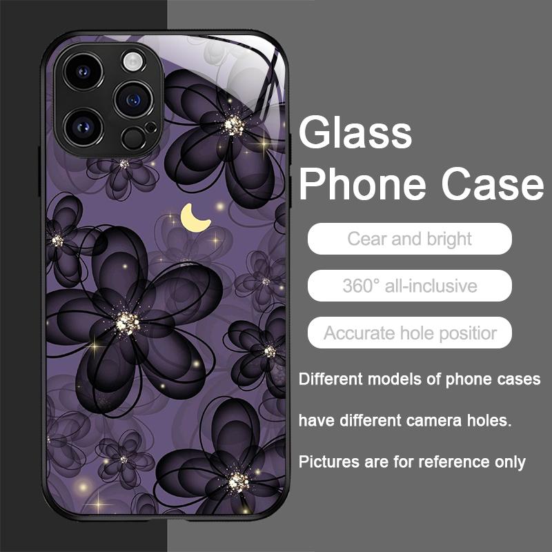 Luxury Black Rose Flower Graphic Tempered Glass Phone Case for IPhone 16 Pro Max 15 14 13 12 Mini 11 XS XR 7 8 Plus Hard Covers